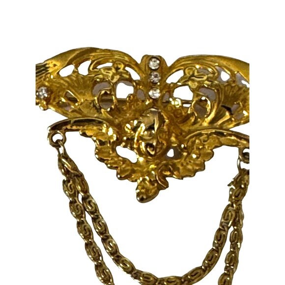 Vintage Angel Cherub Wings Brooch Gold-Tone Double Chains 3" x 3" - Picture 4 of 8